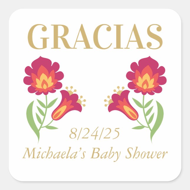 Cuadrada Pegatina mexicano de Fiesta Baby Shower, floral ro (Anverso)
