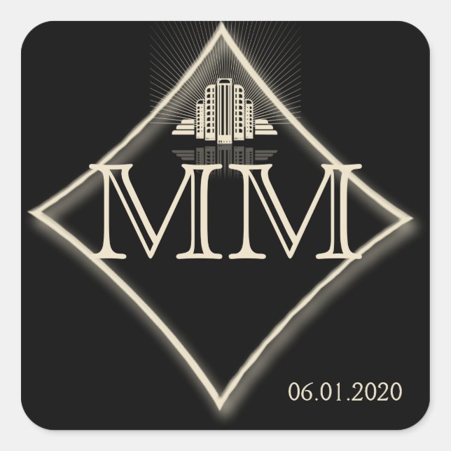 Cuadrada Pegatina Monograma Art Deco Tower Ray (Anverso)