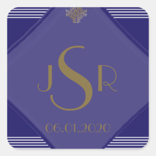 Cuadrada Pegatina Monograma Boda de Navy Blue Art Deco Posh