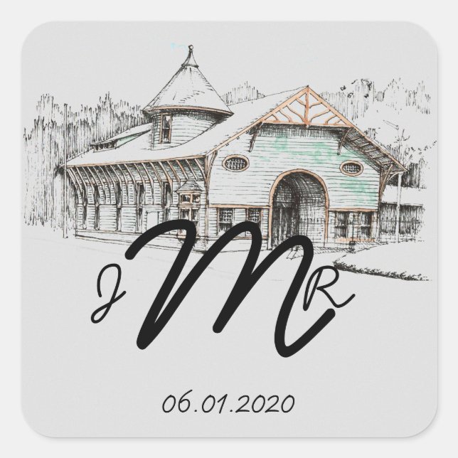 Cuadrada Pegatina Monograma de Barn Sketch Country (Anverso)