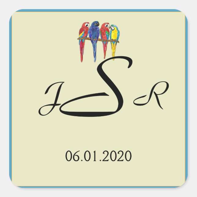 Cuadrada Pegatina Monograma de loros tropicales (Anverso)