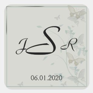 Cuadrada Pegatina Monograma de pradera de mariposa gris y a