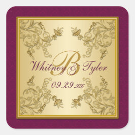 Cuadrada Pegatina Monograma de vino de ciruela y Damasco fl