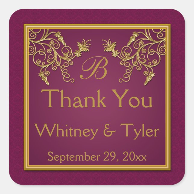 Cuadrada Pegatina Monograma de vino de ciruela y Damasco fl (Anverso)