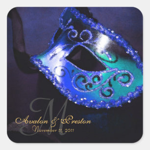 Cuadrada Pegatina monograma elegante de mascarada azul