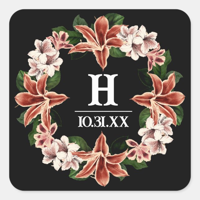 Cuadrada Pegatina monograma oscuro y moro negro botánico (Anverso)