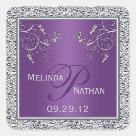 Cuadrada Pegatina Monogramado a la Floral Púrpura y Relieve