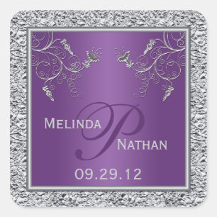 Cuadrada Pegatina Monogramado a la Floral Púrpura y Relieve
