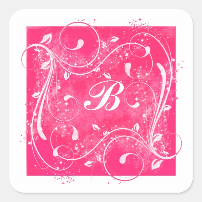 Cuadrada Pegatina Monogramado de Natación Rosa y Blanca de  (Anverso)