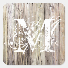 Cuadrada Pegatina Monogramado de Weathered Wood