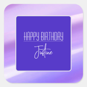 Cuadrada pegatina morado "Feliz Cumpleaños"