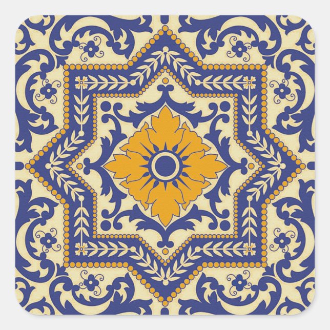 Cuadrada Pegatina Naranja azul de estilo Azulejo cerámico (Anverso)
