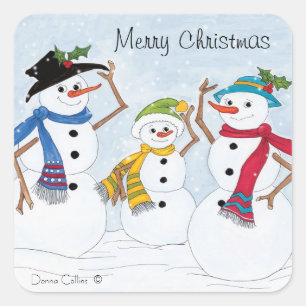 Cuadrada Pegatina navideña de la familia Snowman