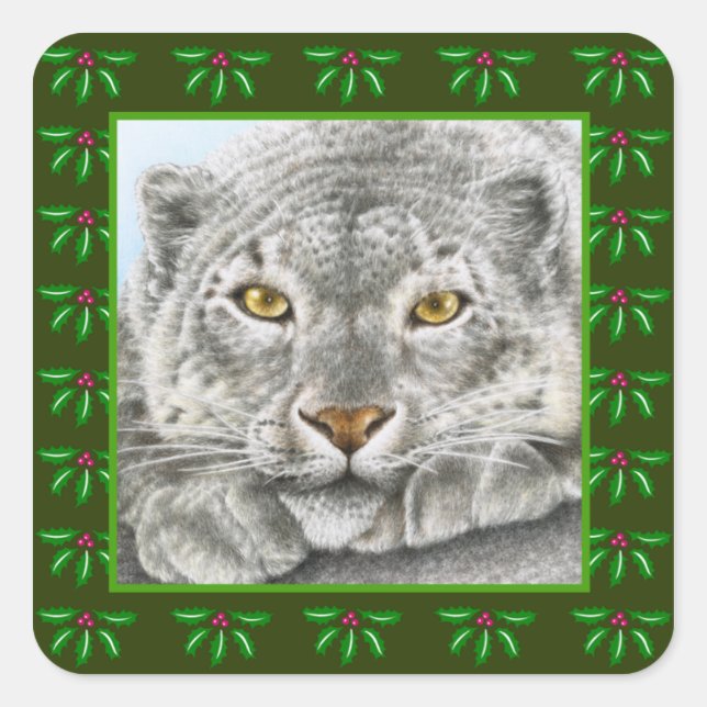 Cuadrada Pegatina navideña de Snow Leopard Holly Leaf (Anverso)