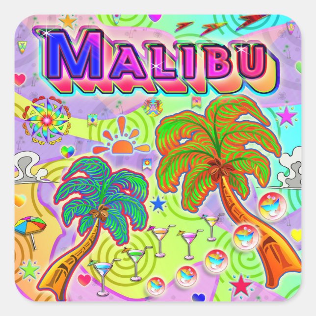 Cuadrada Pegatina Objetivo de Vacaciones de Malibu (Anverso)