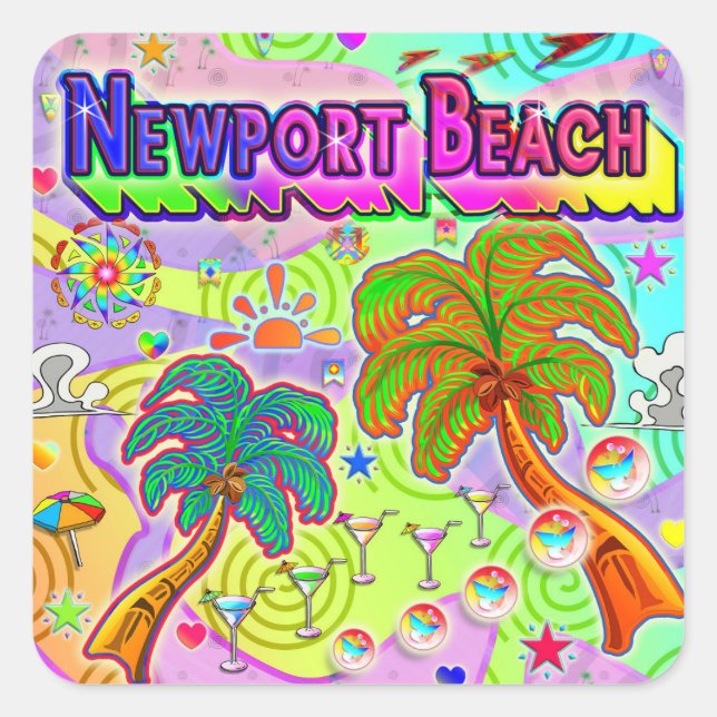 Cuadrada Pegatina objetivo de vacaciones de Newport Beach (Anverso)
