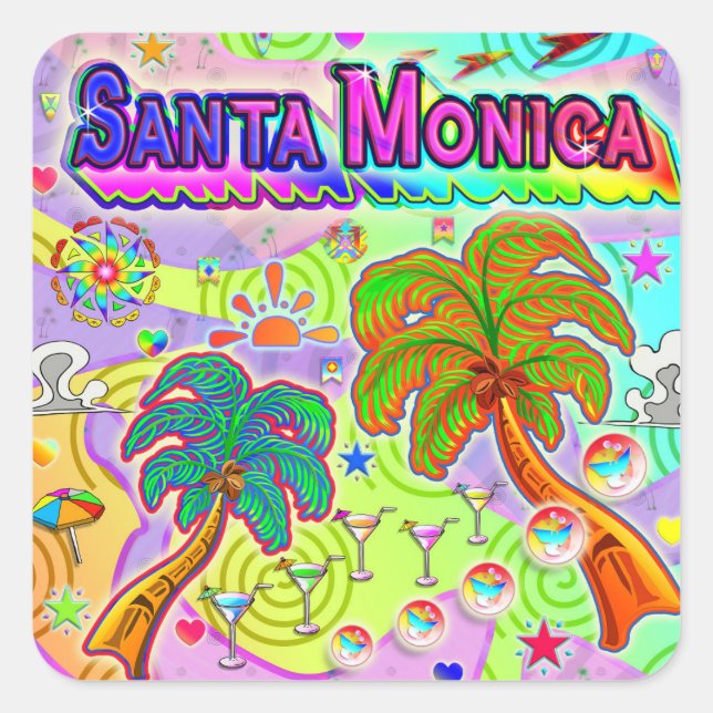 Cuadrada Pegatina objetivo de vacaciones de Santa Mónica (Anverso)