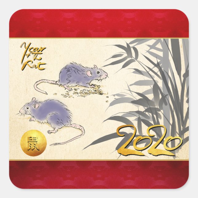 Cuadrada Pegatina original de Rats Bamboo pintura 2020 Sq (Anverso)