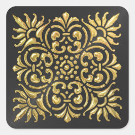 Cuadrada Pegatina Ornate Black and Gold Grabado en relieve 