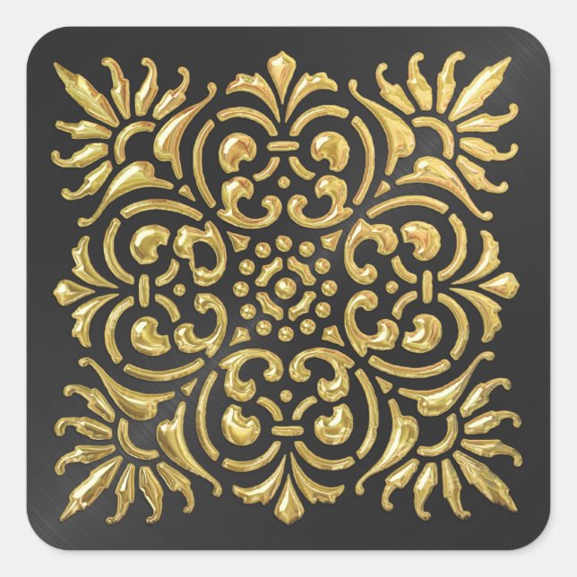 Cuadrada Pegatina Ornate Black and Gold Grabado en relieve  (Anverso)