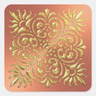 Cuadrada Pegatina Ornate Coral and Gold Grabado en relieve