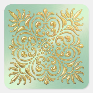 Cuadrada Pegatina Ornate Mint Green y Gold Grabado en relie