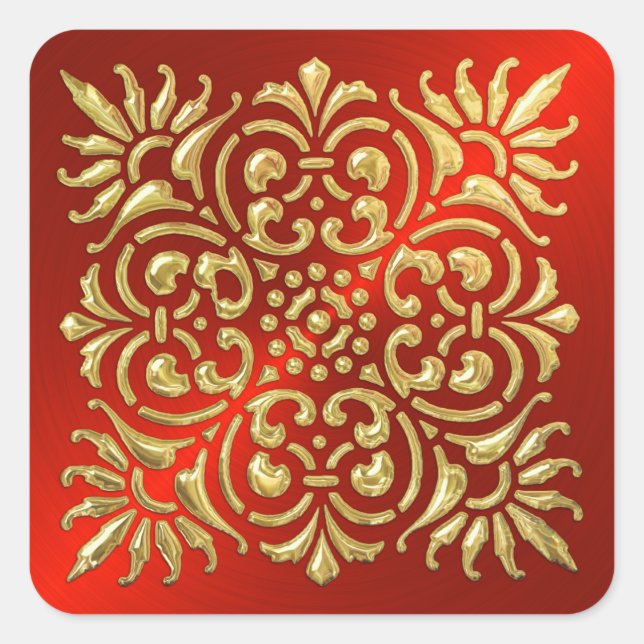 Cuadrada Pegatina Ornate Red and Gold Grabado en relieve Lo (Anverso)
