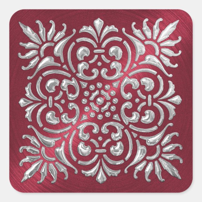 Cuadrada Pegatina Ornate Red and Silver Grabado en relieve  (Anverso)