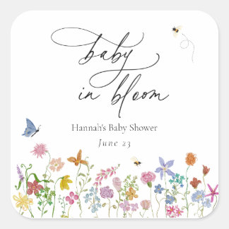 Cuadrada Pegatina para baby shower Baby in Bloom Wildflower