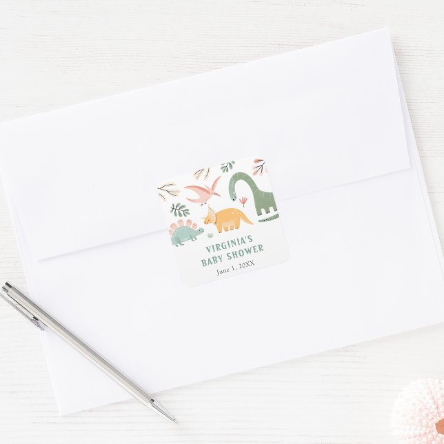 Cuadrada Pegatina para Baby Shower de Dinosaurio (Dinosaur Themed Baby Shower Sticker by Painted Paperie
)