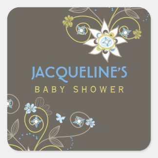Cuadrada Pegatina para Baby Shower de niño con flores azule