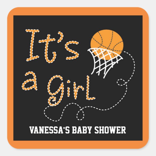 Cuadrada Pegatina para fiesta de baby shower de baloncesto  (Anverso)