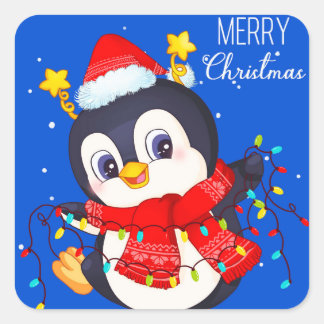 Cuadrada Pegatina Penguin navidades