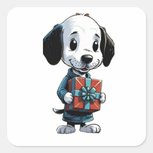 Cuadrada Pegatina perro sonriente sosteniendo un regalo de 