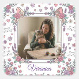 Cuadrada Pegatina personalizada con foto y nombre de gata p