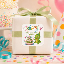Cuadrada Pegatina personalizada de dinosaurio para cumpleañ