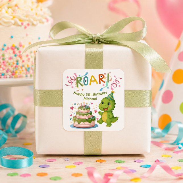 Cuadrada Pegatina personalizada de dinosaurio para cumpleañ (Subido por el creador)