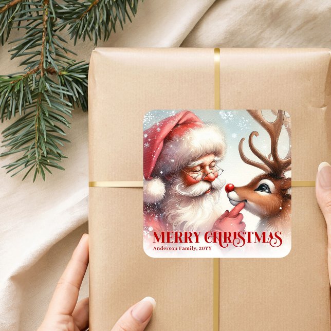 Cuadrada Pegatina personalizada de Santa Rudolph Navideña (Wonder Personalized Santa Rudolph Christmas Sticker)