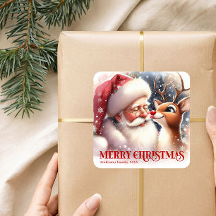 Cuadrada Pegatina personalizada de Santa y Rudolph para inv
