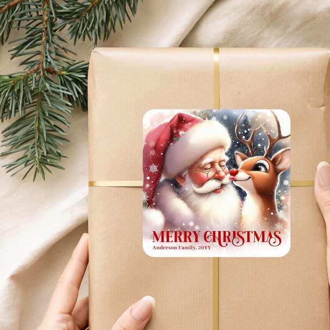 Cuadrada Pegatina personalizada de Santa y Rudolph para inv (Cozy Personalized Santa and Rudolph Winter Sticker)