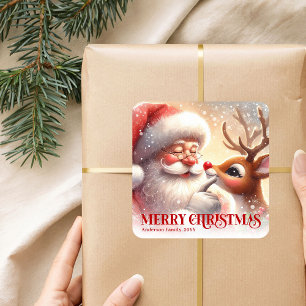 Cuadrada Pegatina personalizada de Santa y Rudolph para reg