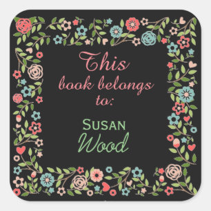 Cuadrada Pegatina personalizado de libros florales