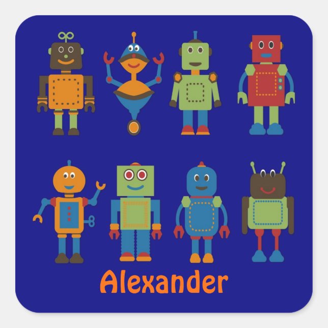 Cuadrada Pegatina personalizado de Robot Friends Child (Anverso)