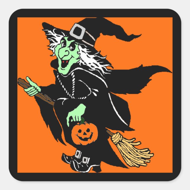 Cuadrada Pegatina Personalizado de Witch Flying Halloween (Anverso)