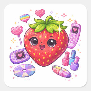 Cuadrada Pegatina Pixel Strawberry Y2K