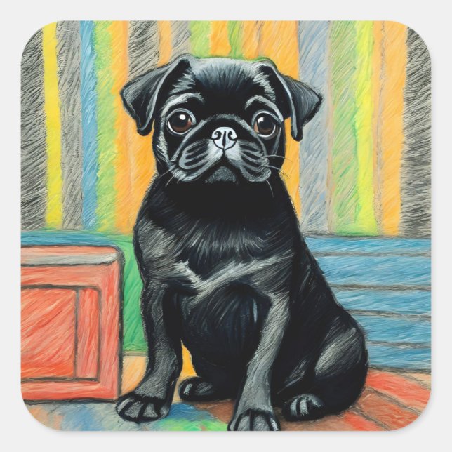 Cuadrada Pegatina Pug 3"by3" mate o brillante 6 pieza (Anverso)