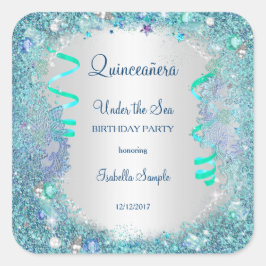 Cuadrada Pegatina Quinceañera Azul Bajo El Mar 15º Cumpleañ