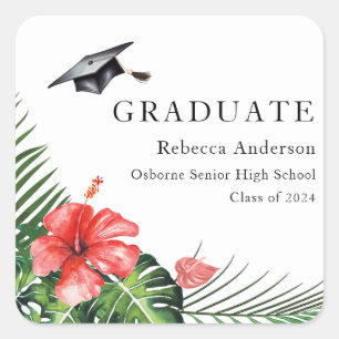Cuadrada Pegatina redonda de graduación tropical Hibisco Ro