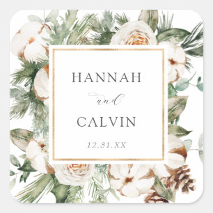 Cuadrada Pegatina redondo clásico de Boda de Invierno