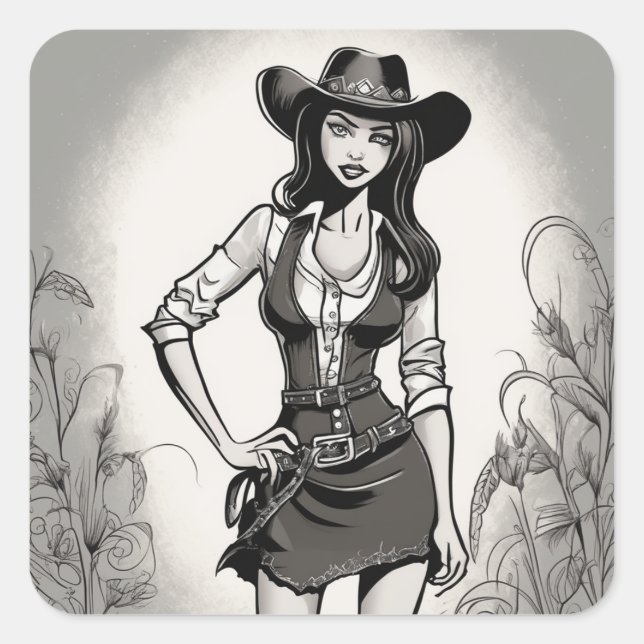 Cuadrada Pegatina Retro Cowgirl LBD (Anverso)